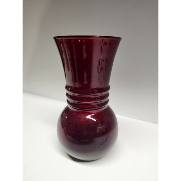 Royal Ruby Anchor Hocking MCM Vintage Red Glass Vase Bulbous Bottom Banded - Picture 1 of 7